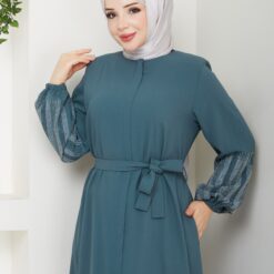 Gizli Fermuarlı Kolu Taşlı Ferace